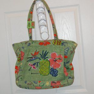 Sally Huss Large Green Pineapple/Flowers W/ Sequin Trim Tote 15" W  x  12" H